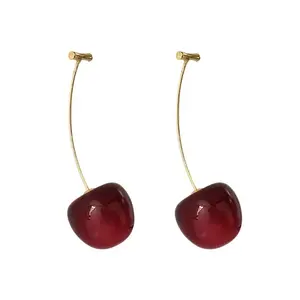 Acrylic resin fruit bright red cherry cherries long earrings girls jewelry fruit earring earrings women