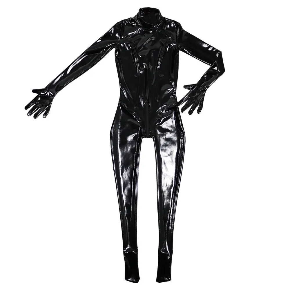 Venta al por mayor buen precio negro látex Bondage Catsuit fetiche gótico disfraz para mujeres