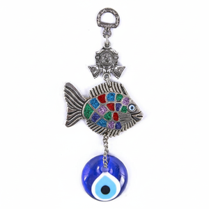 Colored Fish Figured Wall Hanging Decoration With Hand made Glass Evil Eye From TURKEY - Product Image 2