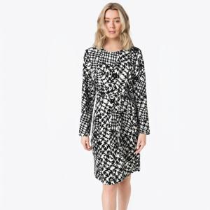 Vintage Damen deutschen Stil Polyester Strick Ponte Hahnen tritt bedruckt Langarm Midi-Arbeits kleid mit Rundhals ausschnitt