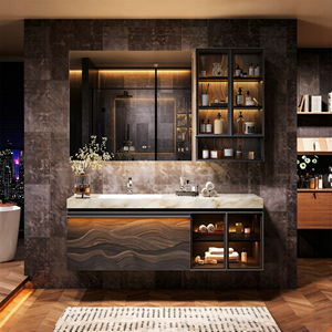 Mobile <span class=keywords><strong>Bagno</strong></span> Sospeso di Lusso Stile Hotel con Top in Quarzo e Armadietto a Specchio LED Intelligente in Legno Massello - Product Image 1