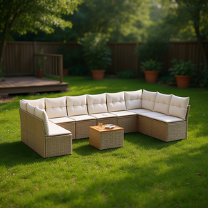 Set Divano da Giardino in Rattan PE Beige, Arredamento Modulare da Esterno, Design Contemporaneo Confortevole con Cuscini in Schiuma ad Alta Densità - Product Image 2
