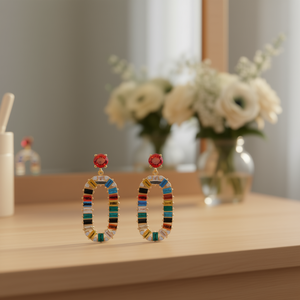 Orecchini pendenti alla moda colorati con gemme multicolori a forma ovale, gioielli di tendenza per donna, accessori da festa - Product Image 2