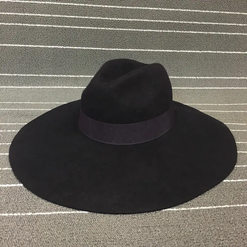 Yün keçe moda siyah disket 16CM geniş fötr şapka şapka bayanlar kadınlar için