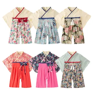 Ivy83510A yeni bebek giyim çocuk uzun kollu kimono tulumlar bebek güzel yay çiçek tulum japon kız giyim