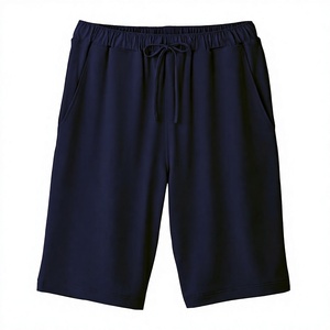 Pantalones Cortos Bermuda de Algodón Azul Marino para Hombre, Cintura con Cordón, Bolsillos, Color Sólido Informal, Tejido de Punto Transpirable - Product Image 1