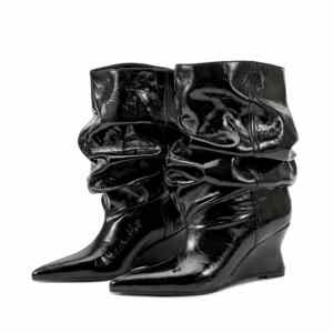 Women‘s Oversized Wide Calf Slouch Boots 7.5CM Sculptural Wedge Heel Pointed Toe Stone PU Ankle Booties Black Wine Brown White - Product Image 3