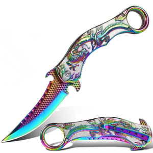 <span class=keywords><strong>Couteau</strong></span> pliant Karambit 9 pouces avec poignée gravée Dragon, acier 3Cr13, revêtement titane, clip multicolore, outil EDC pour le camping, OEM - Product Image 3