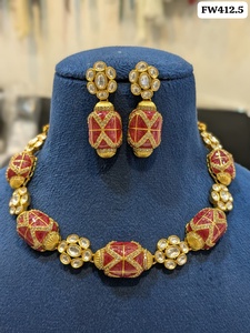 Women's Brass Golden Plated Red <b>Crystal</b> Necklace Earrings <b>Set</b> Floral Design Engagement Daily Wear Wedding Party Gift Jewelry - Product Image 1