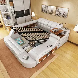 Harga Pabrik Grosir Mewah Multifungsi Kamar Tidur Furnitur Tatami Modern Smart Bed dengan Pijat Penyimpanan Tempat Tidur Kulit