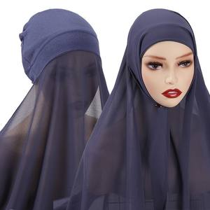 Écharpe à capuche en mousseline de soie musulmane traditionnelle pour femmes ensemble couleur unie Hijab instantané enveloppement foulard casquette châle-voile à la mode pour - Product Image 4