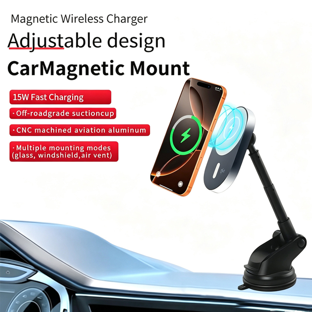 High Quality Foldable Aluminum Magnetic Car Charger Holder Type-C Port 15W Wireless Charger for iPhone Android