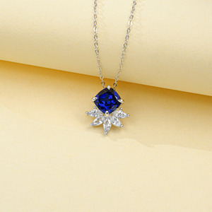 925 Sterling Silver <b>Cushion</b> Cut Lab Created Sapphire Pendant Necklace with CZ Snowflake Accent for Women Wedding Bridal Jewelry - Product Image 3