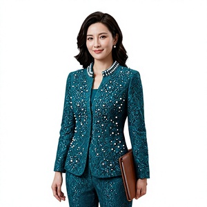 <span class=keywords><strong>Ensemble</strong></span> 2 pièces formel d'hiver pour femme : Cardigan col rond en jacquard uni bleu sarcelle avec dentelle et perles, et <span class=keywords><strong>pantalon</strong></span> droit - Product Image 1