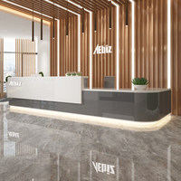 Bureau d'accueil moderne de luxe Yimutang en grain de bois 001 avec éclairage LED et panneau mural en lattes de bois pour hall d'entreprise