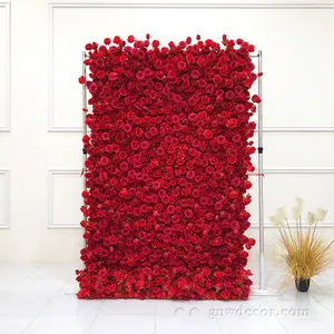 GNW FLW1707009อินเดียสีแดงประดิษฐ์ดอกไม้ผ้าไหมผนังสำหรับตกแต่งงานแต่งงานโลหะดอกไม้ผนัง