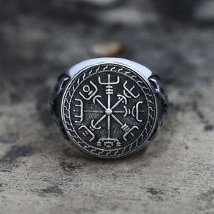 Bague Viking Nordique Serpent Dragon Double Hache <span class=keywords><strong>Boussole</strong></span> Homme Argent Antique Alliage Galvanise Totem Bijoux Grossiste en Gros - Product Image 2