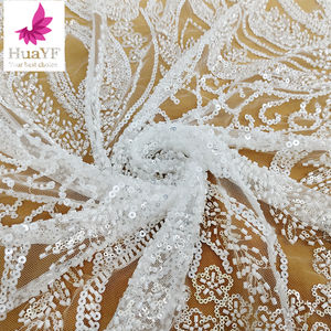 HY3163 Alta Calidad Trabajo Pesado <span class=keywords><strong>blanco</strong></span> 3D encaje largo con cuentas Boda nupcial con encaje vestido de lentejuelas nueva tela africana - Product Image 3