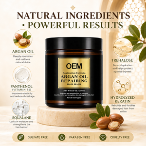 Masque capillaire réparateur intense à l'huile d'argan, vitamine B5, squalane et tréhalose pour des cheveux lisses et brillants - Fournisseur OEM ODM - Product Image 3