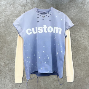 T-Shirt grafica con orlo in cotone pesante in cotone corto e invecchiato da uomo con lavaggio acido senza maniche a maniche lunghe - Product Image 1