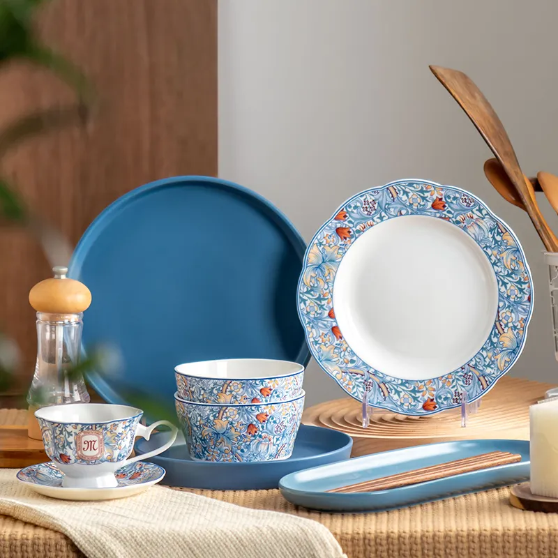 Bohemian Set peralatan makan, Set piring restoran bahan keramik, Set peralatan makan malam dengan piring makan malam mangkuk pengisi daya