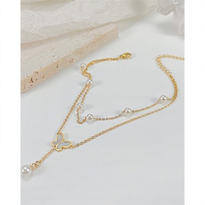 Ins Popular Stainless Steel Pearl Charm Double Layer Chain butterfly Charm <b>Anklet</b> - Product Image 3