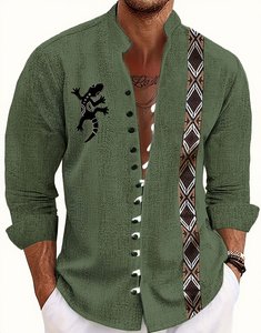 Chemise en lin blanche pour homme, décontractée, à manches longues, col mandarin, boutonnée, pour un usage quotidien - Product Image 4