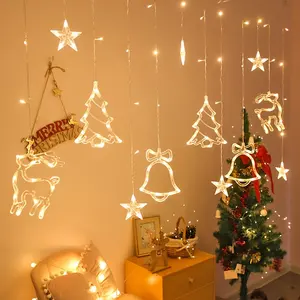 Luz de corda para cortina de Natal, luminária de Natal com estrela de árvore e rena, luz de ano novo e feriado, 220v/110v