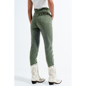 Vaqueros Mom con Cintura Elástica Tipo Bolsa de Papel en Color Caqui - Product Image 2