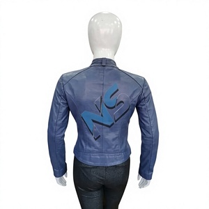 Women's Blue Genuine <b>Leather</b> Motorcycle <b>Jacket</b> Full Sleeve Stand Collar Zipper Closure Sublimation Print Front Logo - Product Image 2