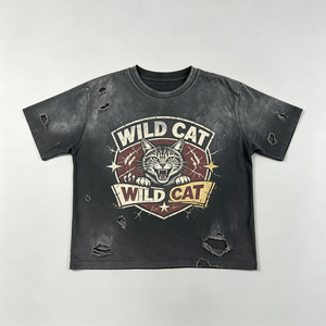 T-shirt Nera Distressed Acid Wash Heavyweight con Grafica <span class=keywords><strong>WILD</strong></span> CAT Stile Vintage Streetwear per Uomo Unisex Lotto all'ingrosso - Product Image 1