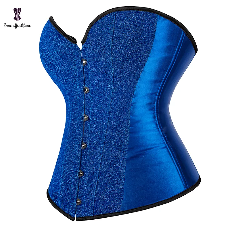 6 Busk Closure Lace-Up Boned Elegant Fashion Overbust Corselet Gothic Body Shapewear Women's Sequined Corset Top Blue