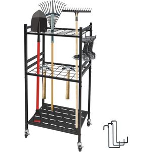 Thesetop Garden Tool Organizer 3 Tier Metal Rack With <b>Hooks</b> And Slots For Garage Storage Heavy Duty Alloy Steel Powder Coated - Product Image 1