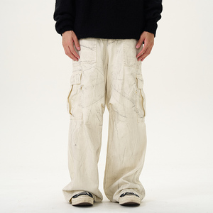 Amerikan Retro moda yıkama beyaz kargo pantolon özel erkekler cep tasarım yapılan kirli düz kot erkekler yüksek sokak Baggy kot - Product Image 1