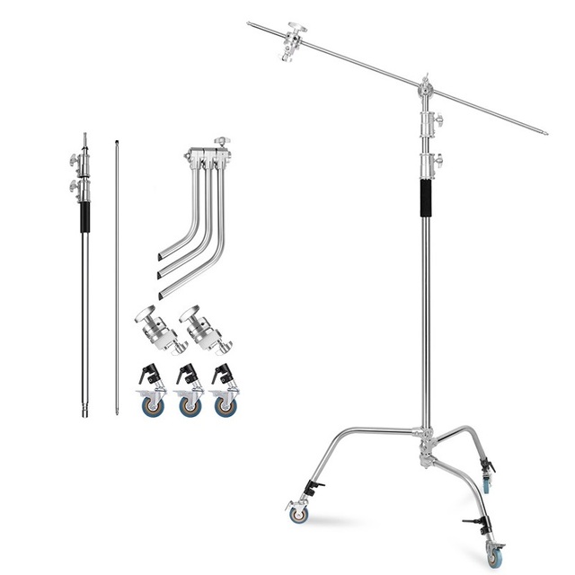 Heavy Duty 3.3m Stainless Steel C Stand Adjustable Air Cushion Magic Wheels Leg With Cross Arm Rod for Photography LED COB Light