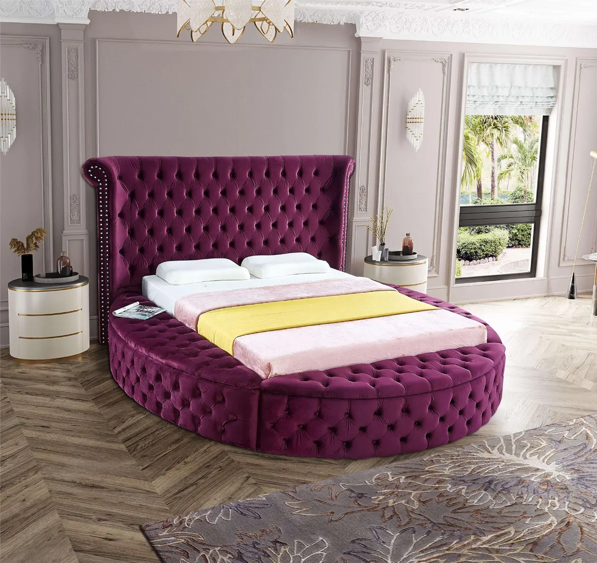 Hotel round bed frame Bedroom sets Velvet Queen King Size Round Bed With Storage bed frame sets for bedroom