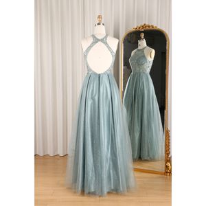 Moderne haut de gamme vert licou cou robe de fiançailles <span class=keywords><strong>Sexy</strong></span> queue de poisson Tulle avec Spaghetti sangle confortable perles paillettes Texture - Product Image 3
