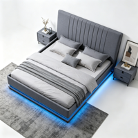 Lit Queen Size Moderne Minimaliste en Tissu Gris avec Rangement à Tiges de Pression, Sac de Rangement Souple et Éclairage Ambiant LED Intégré