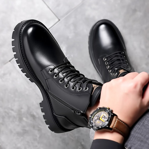 Bottes d'hiver pour hommes en cuir véritable, bout rond, semelle en caoutchouc, imperméables, chaudes, doublure en fourrure, semelle intermédiaire en EVA - Product Image 2