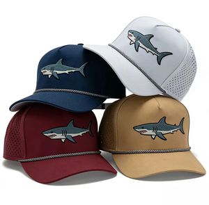 OEM ODM Custom Shark Logo Embroidered 5 Panel Trucker Cap Wholesale Cotton Baseball Hat with Decorative Rope - Product Image 5