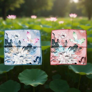 Foulard Quadrato Piccolo con Motivo Fiore di Loto 70x70cm H per Donna, Accessorio di Moda - Product Image 2