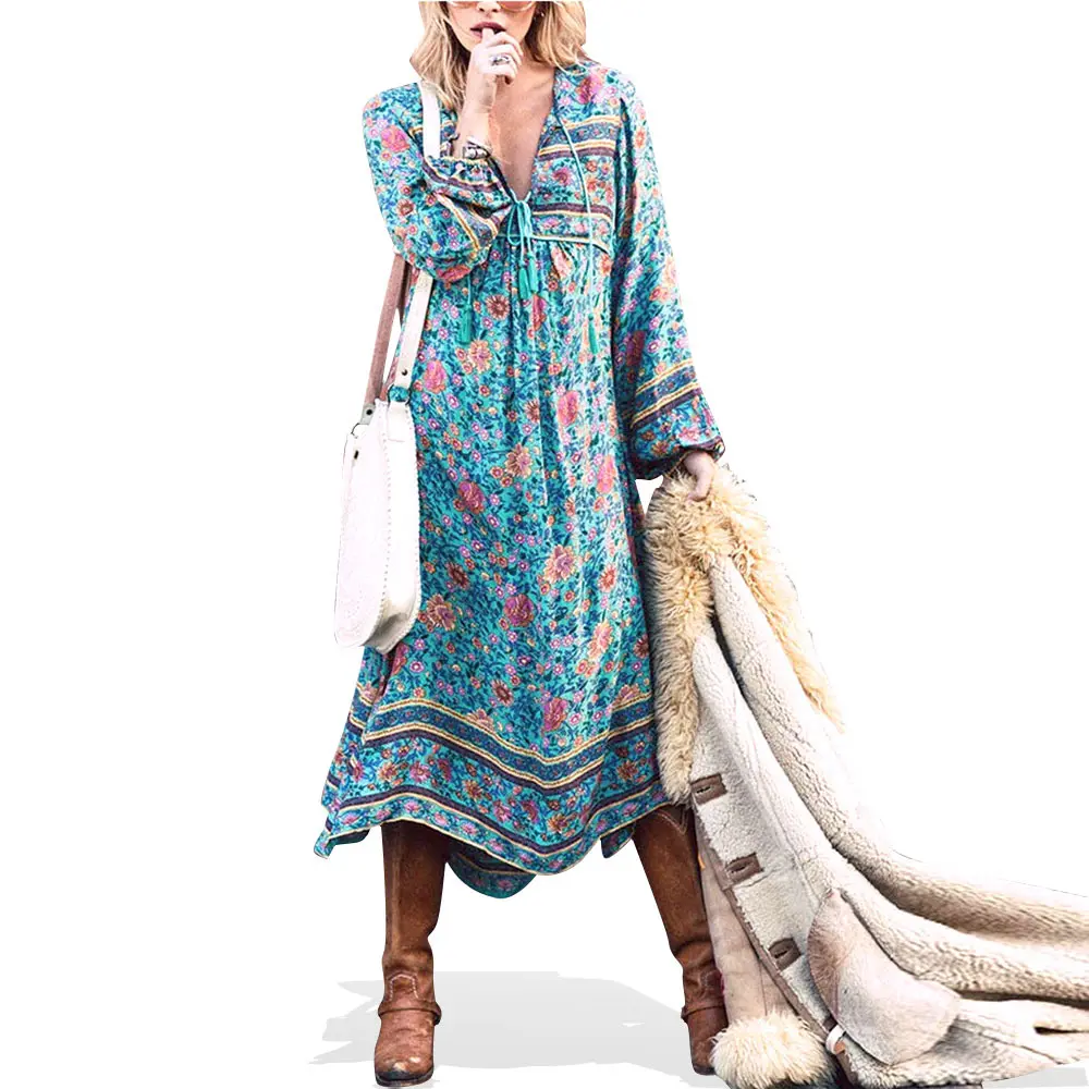 Robe longue en mousseline de soie pour femme, vêtement à imprimé floral, style Boho, grande taille, mode printemps été 2021