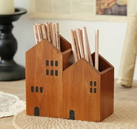 Boîte de rangement en bois de style japonais rétro en forme de maison - Organisateur de bureau vintage, design ouvert, structure en bois robuste, boîte à crayons en bois