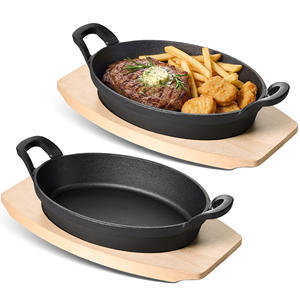 Lot de 2 poêles ovales en fonte avec plateaux de service en bois – Poêles en fonte durables et écologiques avec poignées binaurales pour steak, pâtes et cuisson - Product Image 1