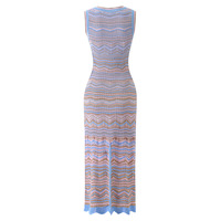 Robe Midi Tricotée Sans Manches à Rayures Ondulées Color Block, Col Rond Minimaliste, Style Tendance, Élégante pour Femme