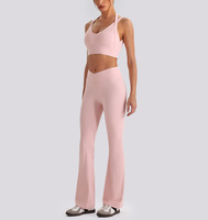Nouvel ensemble de yoga 4 pièces pour femme, effet seconde peau, avec crop top, pantalon évasé taille haute croisée en V, respirant, pour le fitness et le sport
