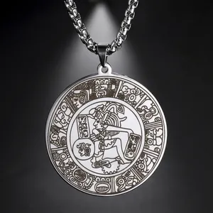 Mayan Circle Mexican Hieroglyph(Maya) Pendants Necklace Stainless Steel Men Jewelry Talisman Necklace