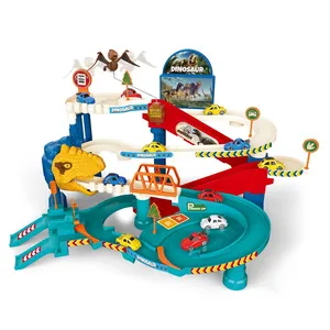Jogo rei dinossauro diy montagem ferroviária garagem de brinquedo com mini carro de liga