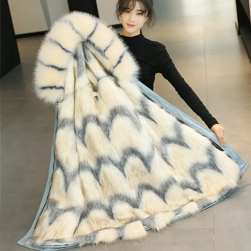 Faux Raccoon Fur Hooded Coat WomenキツネFur Parka Coat Wave Pattern Long Women Winterトレンチコート