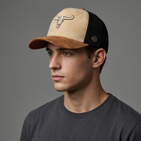 Topi Trucker Suede Vintage Barat dengan Panel Depan Suede Beige Premium Custom, Bordir Tengkorak Banteng 3D High Density, dan Badge Samping Logam